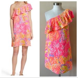 Lilly Pulitzer One-Shoulder Ruffle Shift Dress in Pink & Yellow Floral